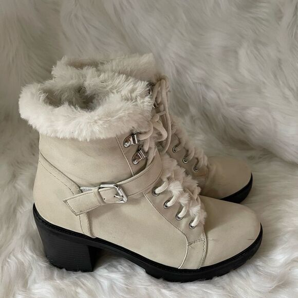 ESPRIT Beige faux leather lace up boots chunky block heels side zipper s… - Picture 1 of 10
